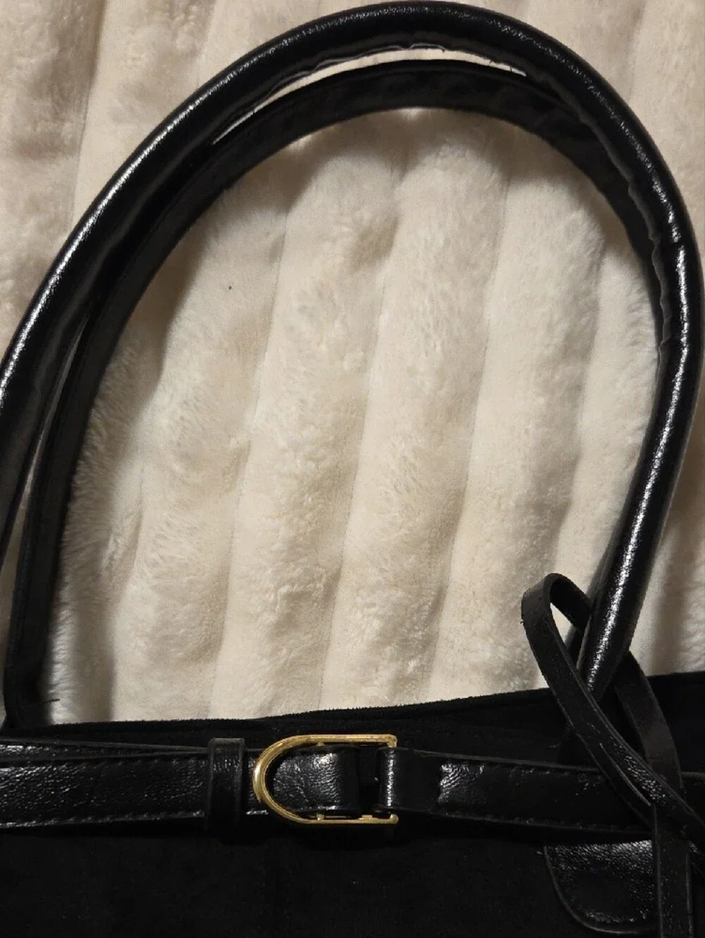 Black Suede Shoulder Bag with Leather Trim